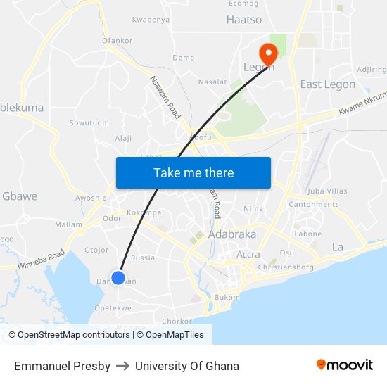Emmanuel Presby to University Of Ghana map