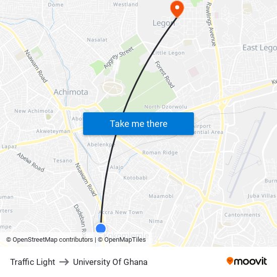 Traffic Light to University Of Ghana map