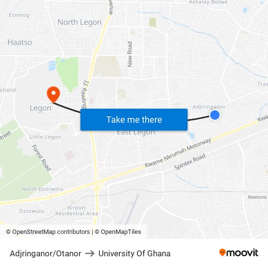 Adjringanor/Otanor to University Of Ghana map