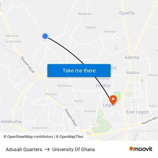 Adusah Quarters to University Of Ghana map
