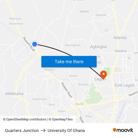Quarters Junction to University Of Ghana map