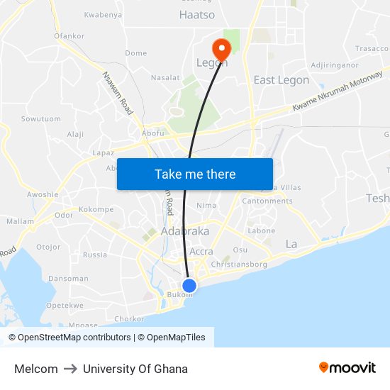 Melcom to University Of Ghana map