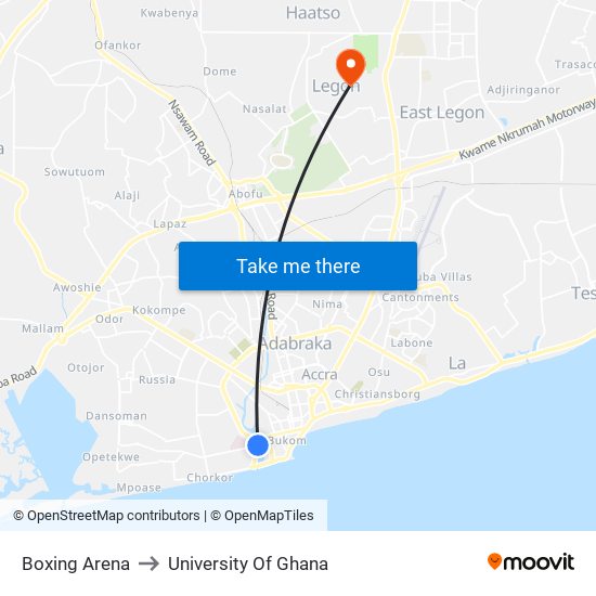 Boxing Arena to University Of Ghana map