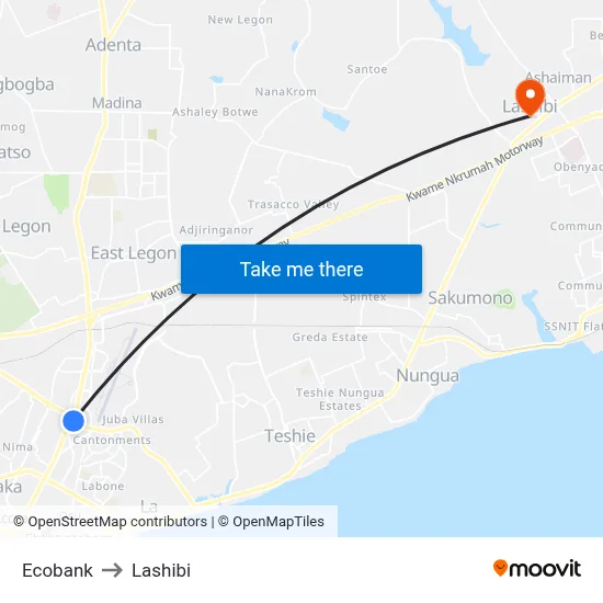 Ecobank to Lashibi map