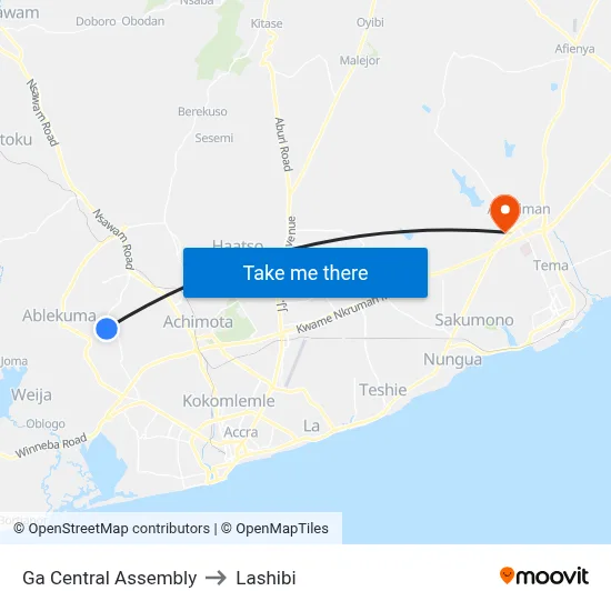 Ga Central Assembly to Lashibi map