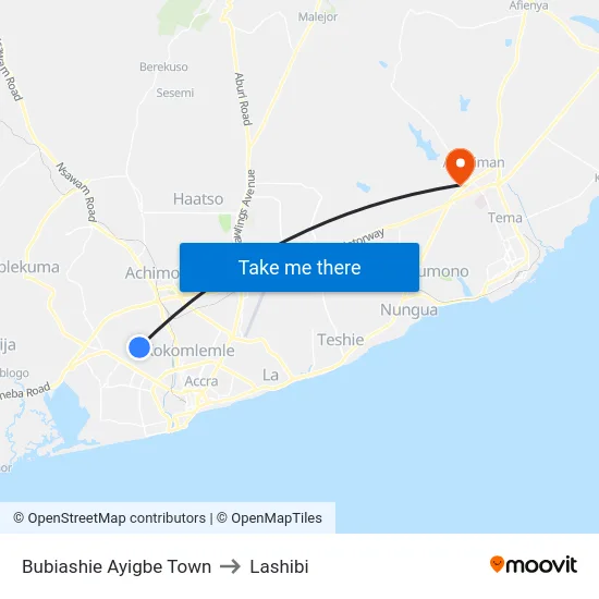 Bubiashie Ayigbe Town to Lashibi map