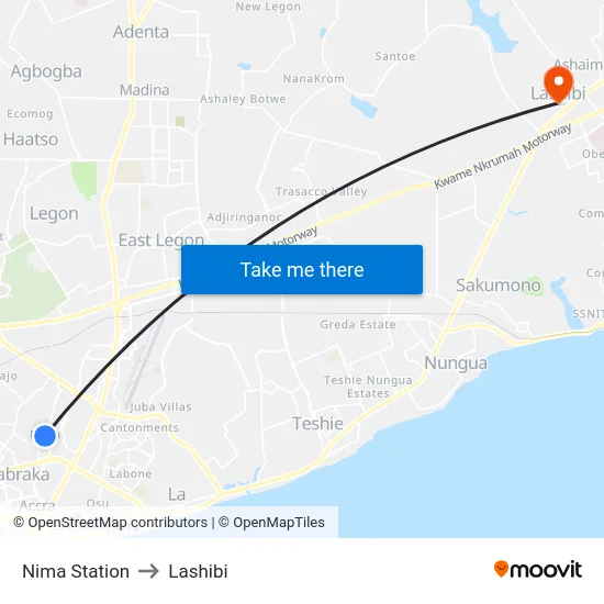 Nima Station to Lashibi map