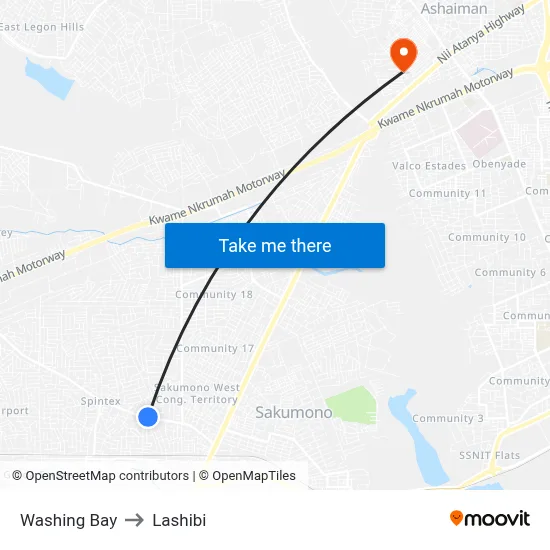 Washing Bay to Lashibi map