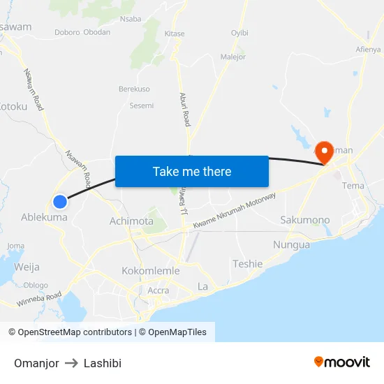 Omanjor to Lashibi map