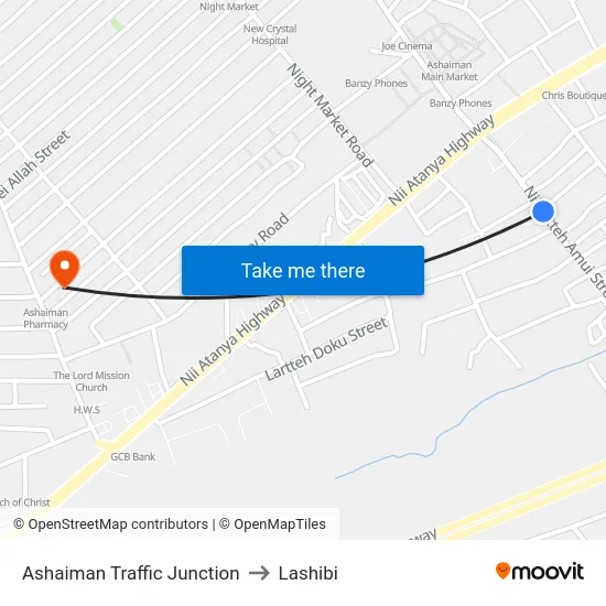 Ashaiman Traffic Junction to Lashibi map