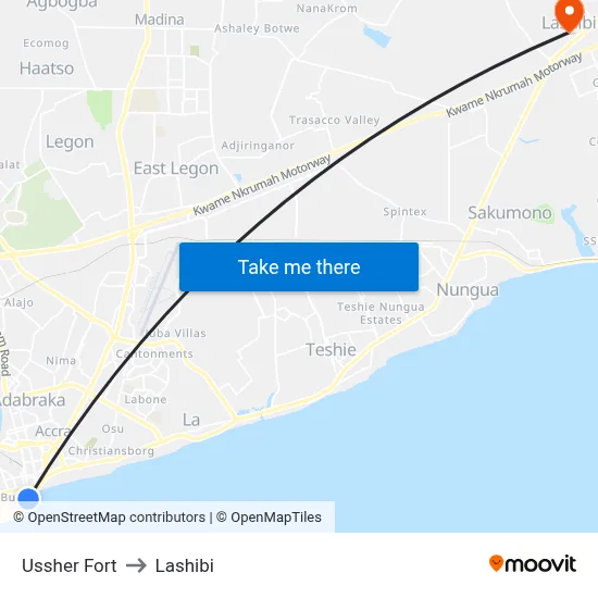Ussher Fort to Lashibi map