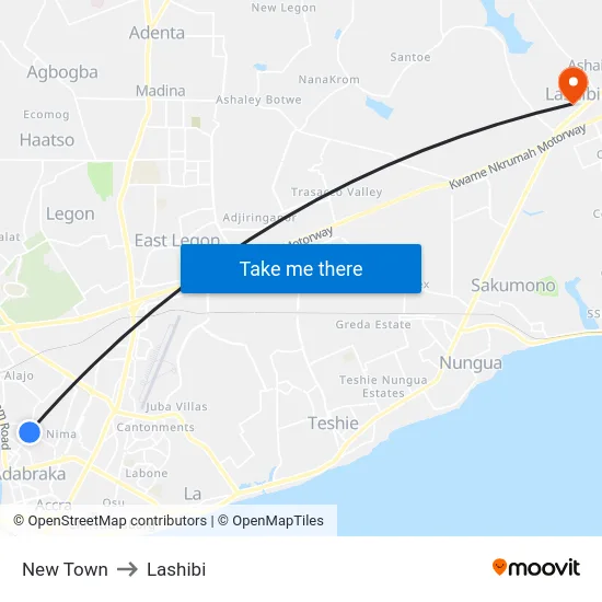 New Town to Lashibi map