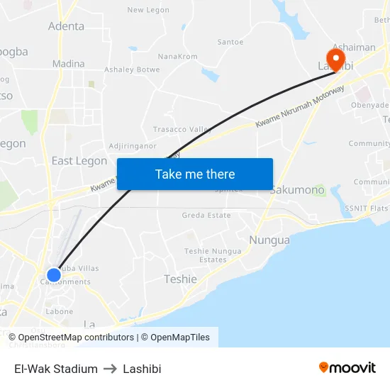 El-Wak Stadium to Lashibi map