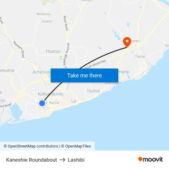 Kaneshie Roundabout to Lashibi map