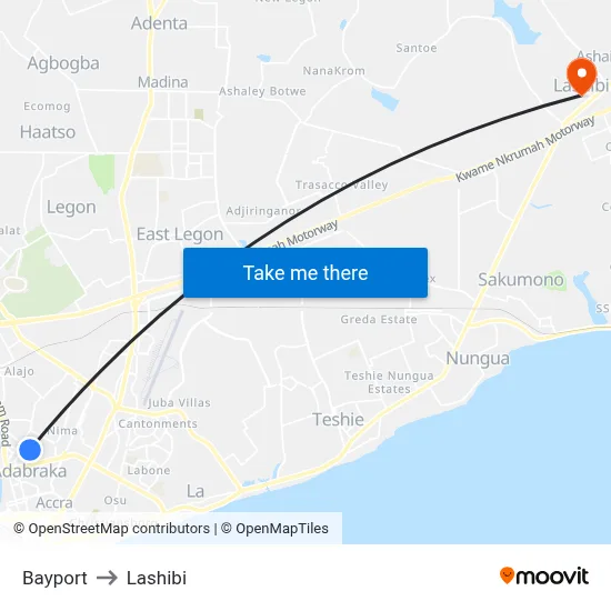 Bayport to Lashibi map