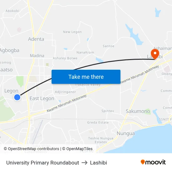 University Primary Roundabout to Lashibi map