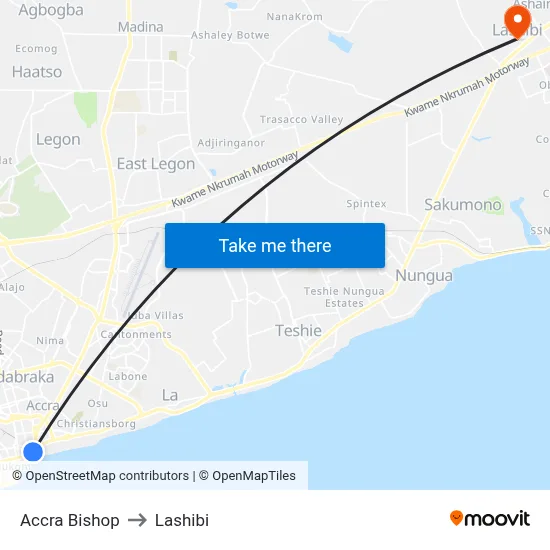 Accra Bishop to Lashibi map