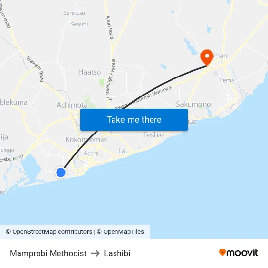 Mamprobi Methodist to Lashibi map