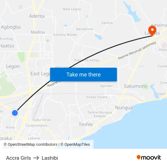 Accra Girls to Lashibi map