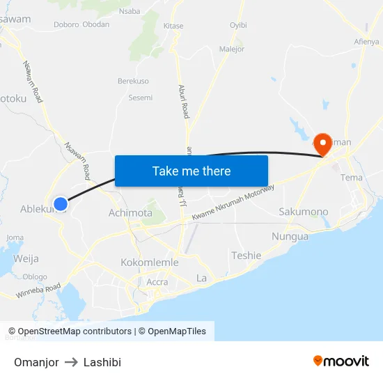 Omanjor to Lashibi map