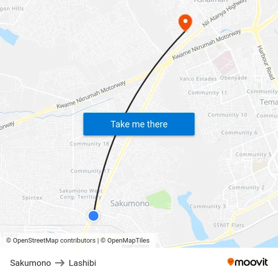 Sakumono to Lashibi map