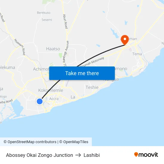 Abossey Okai Zongo Junction to Lashibi map