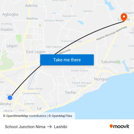 School Junction Nima to Lashibi map