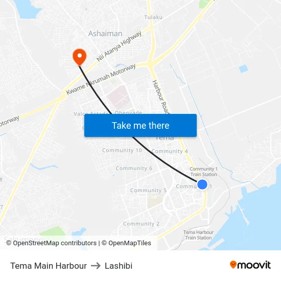 Tema Main Harbour to Lashibi map
