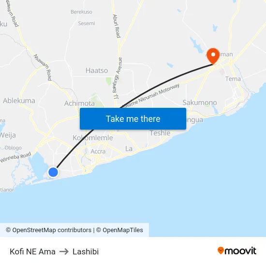 Kofi NE Ama to Lashibi map