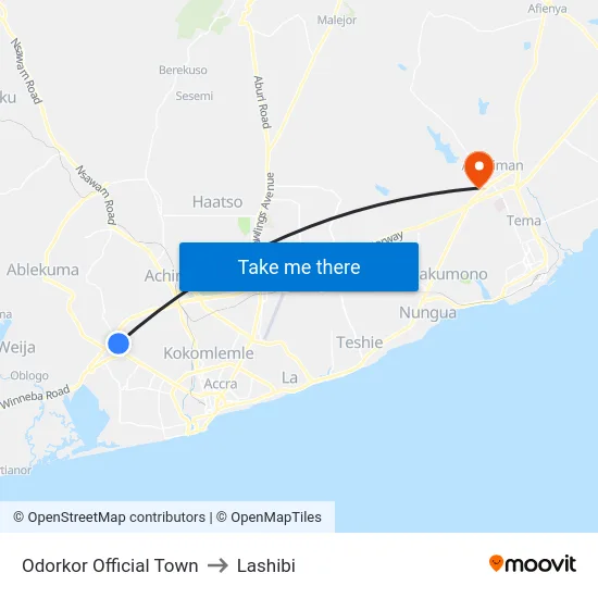 Odorkor Official Town to Lashibi map