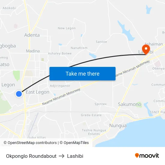 Okponglo Roundabout to Lashibi map