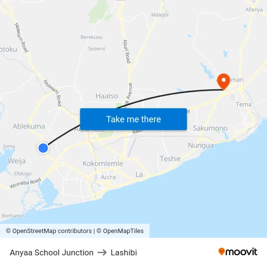 Anyaa School Junction to Lashibi map