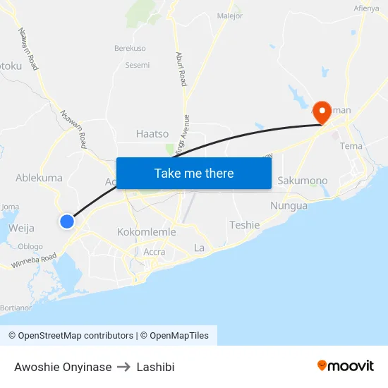 Awoshie Onyinase to Lashibi map