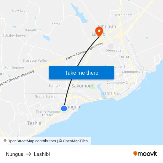 Nungua to Lashibi map