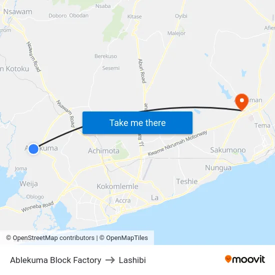 Ablekuma Block Factory to Lashibi map