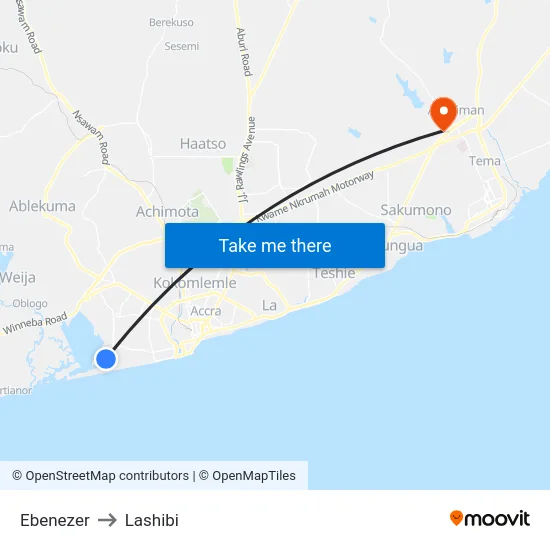 Ebenezer to Lashibi map