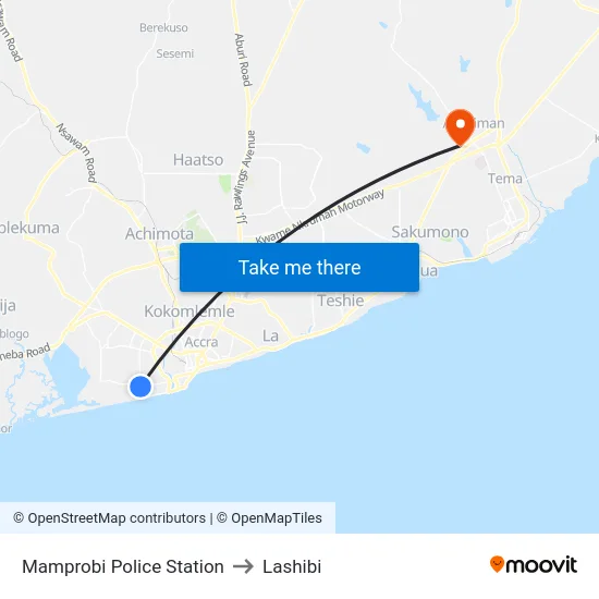 Mamprobi Police Station to Lashibi map