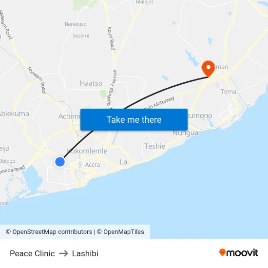 Peace Clinic to Lashibi map