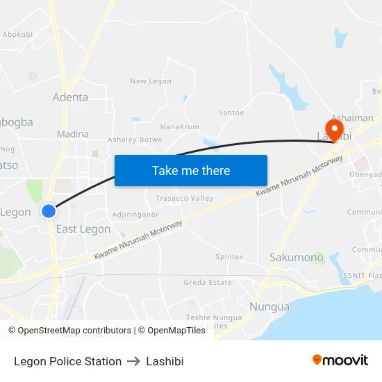 Legon Police Station to Lashibi map