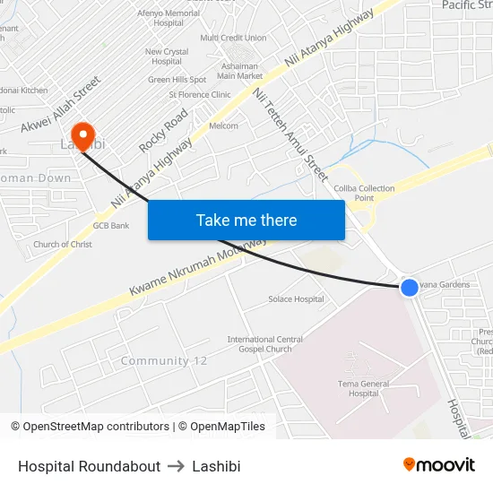 Hospital Roundabout to Lashibi map