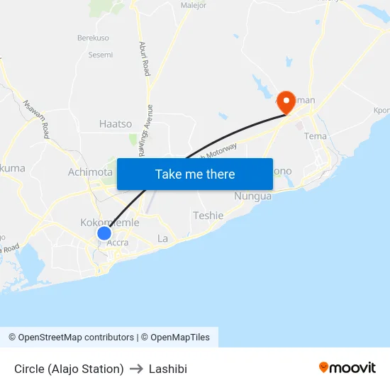 Circle (Alajo Station) to Lashibi map
