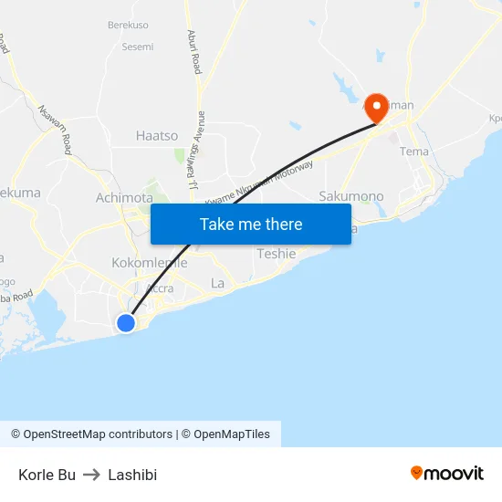 Korle Bu to Lashibi map