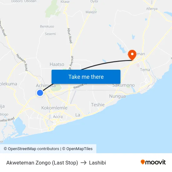 Akweteman Zongo (Last Stop) to Lashibi map