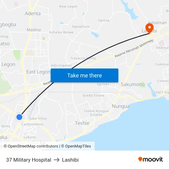 37 Military Hospital to Lashibi map