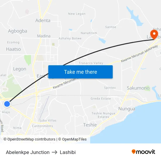 Abelenkpe Junction to Lashibi map