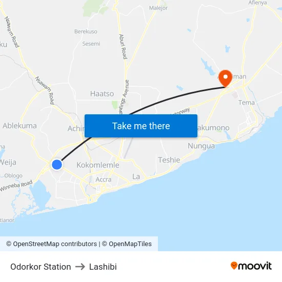 Odorkor Station to Lashibi map