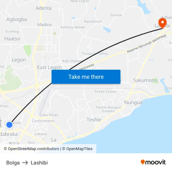 Bolga to Lashibi map