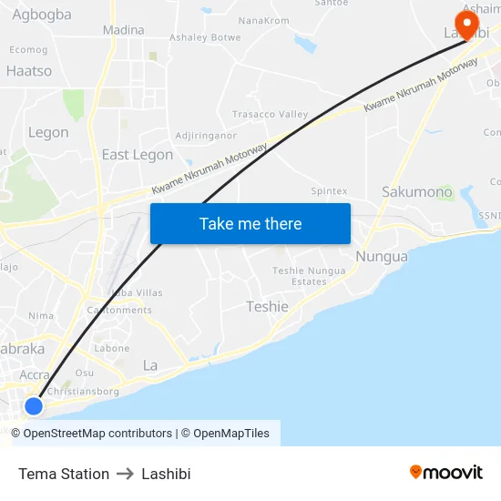 Tema Station to Lashibi map