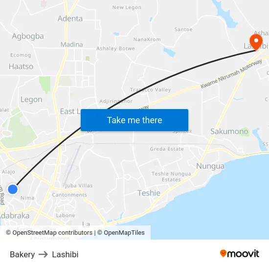 Bakery to Lashibi map