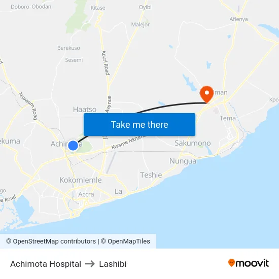 Achimota Hospital to Lashibi map